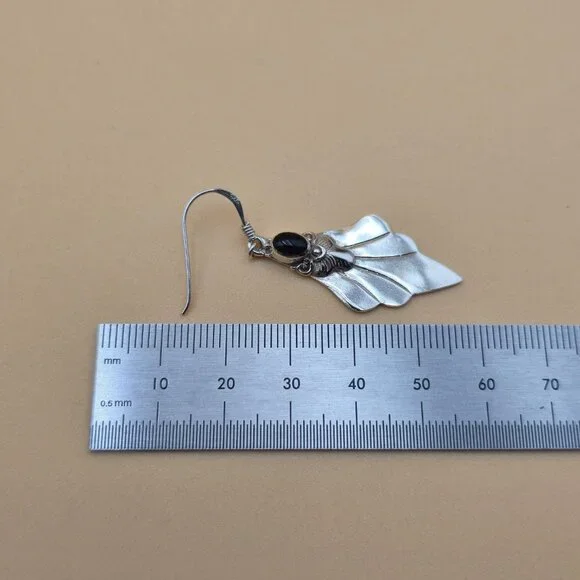 Sterling Silver Floral Black Enamel Dangle Earrings A5634 - Picture 5 of 6